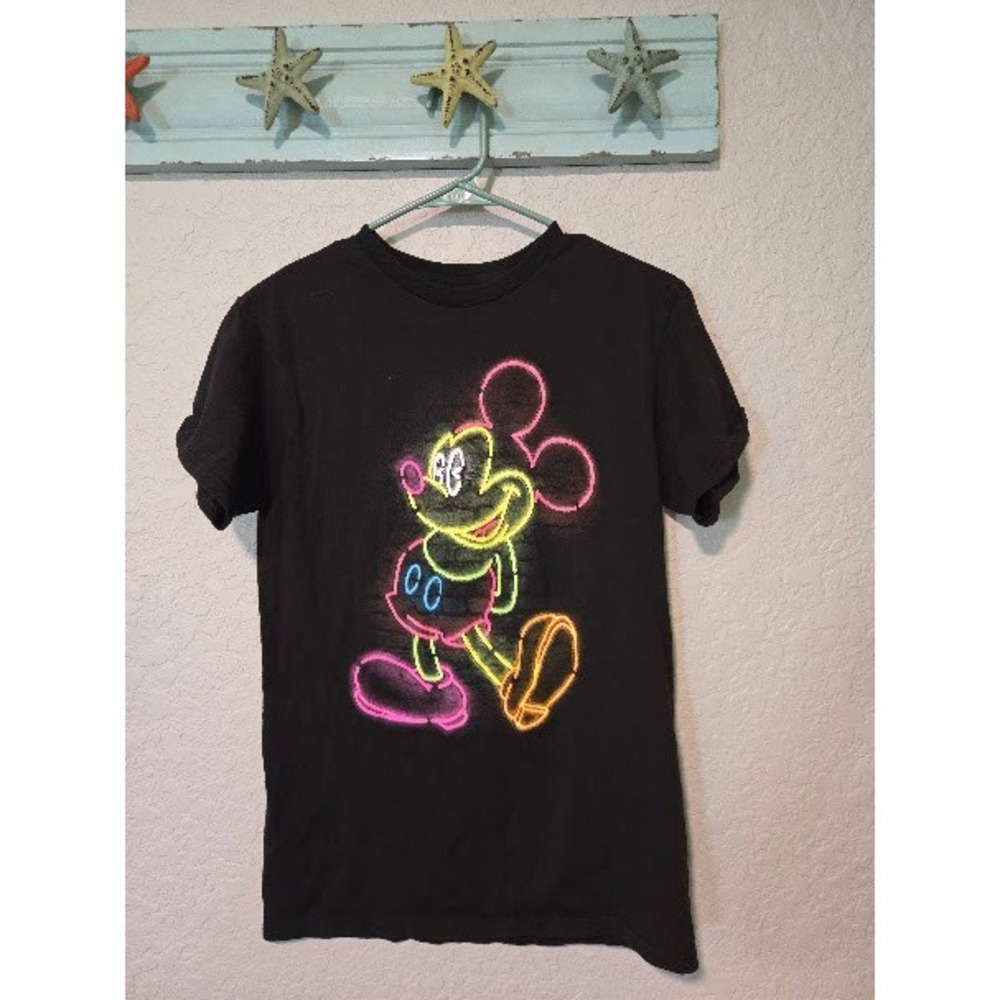 Disney Mickey Mouse Neon Graphic Tee Black Short Sleeve Cotton T-Shirt Small